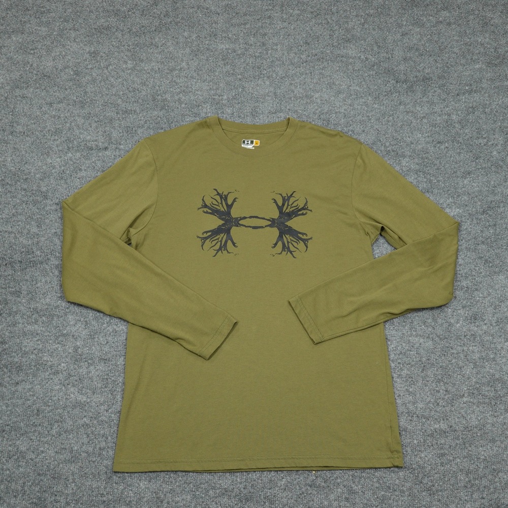 Under Armour Shirt Mens Medium Green Antler Graphic Logo Long Sleeve Activewear